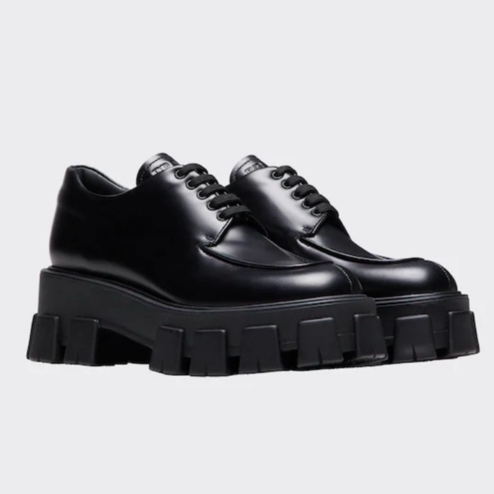 PRADA
Brushed Leather Monolith Loafers with Laces